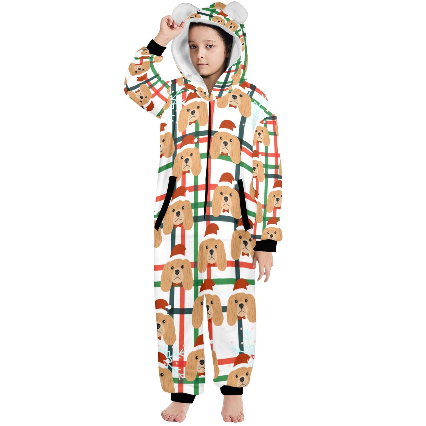 Santa Dog Christmas One-Piece Zip Up Hooded Pajamas for Big Kids