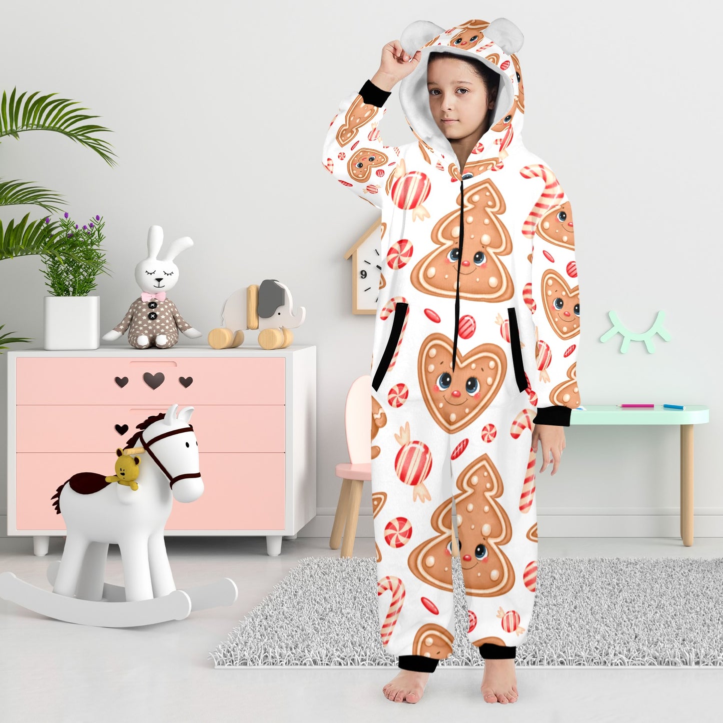 Ginger Christmas One-Piece Zip Up Hooded Pajamas for Big Kids