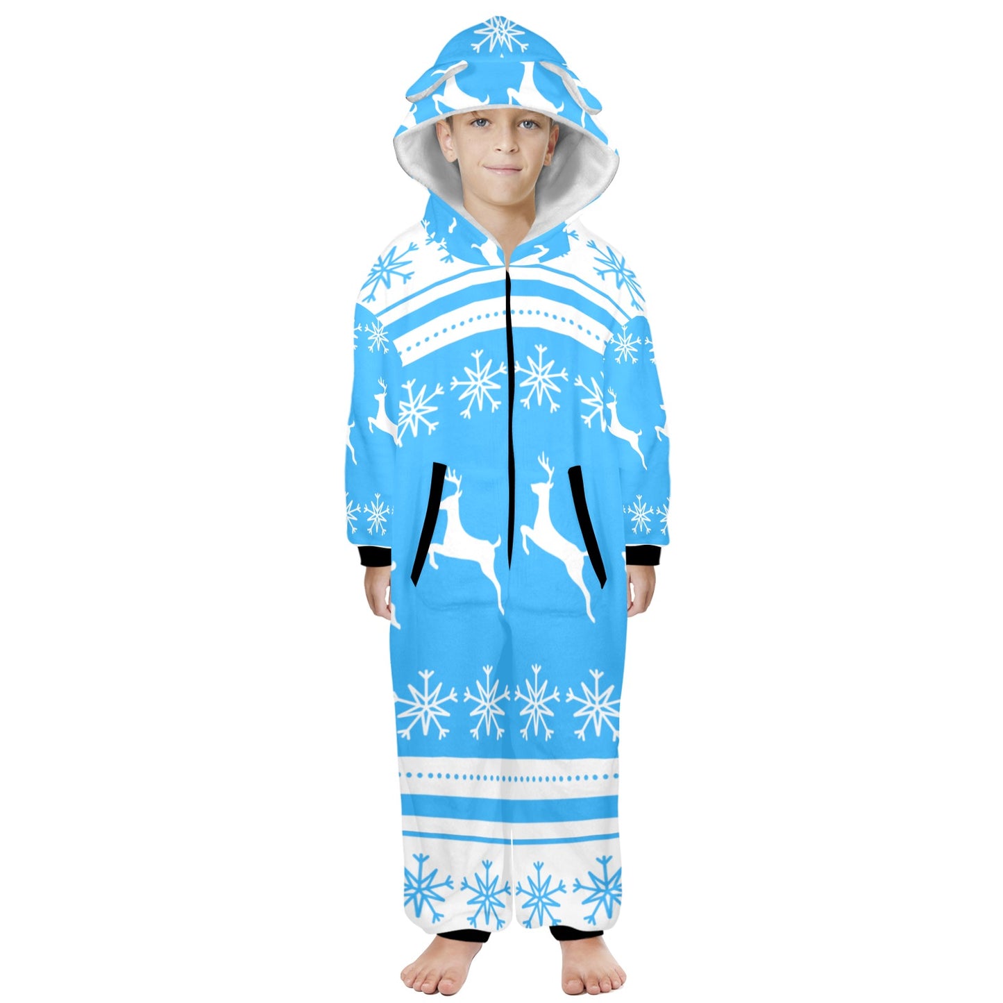 Deers In The Snow Christmas One-Piece Zip Up Hooded Pajamas for Big Kids