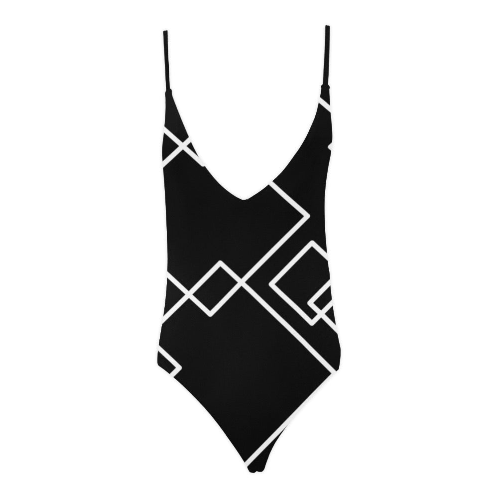 Black Squared Sexy Lace Backless One-Piece Swimsuit