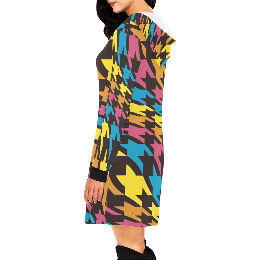 Colorful Houndstooth Hoodie Mini Dress