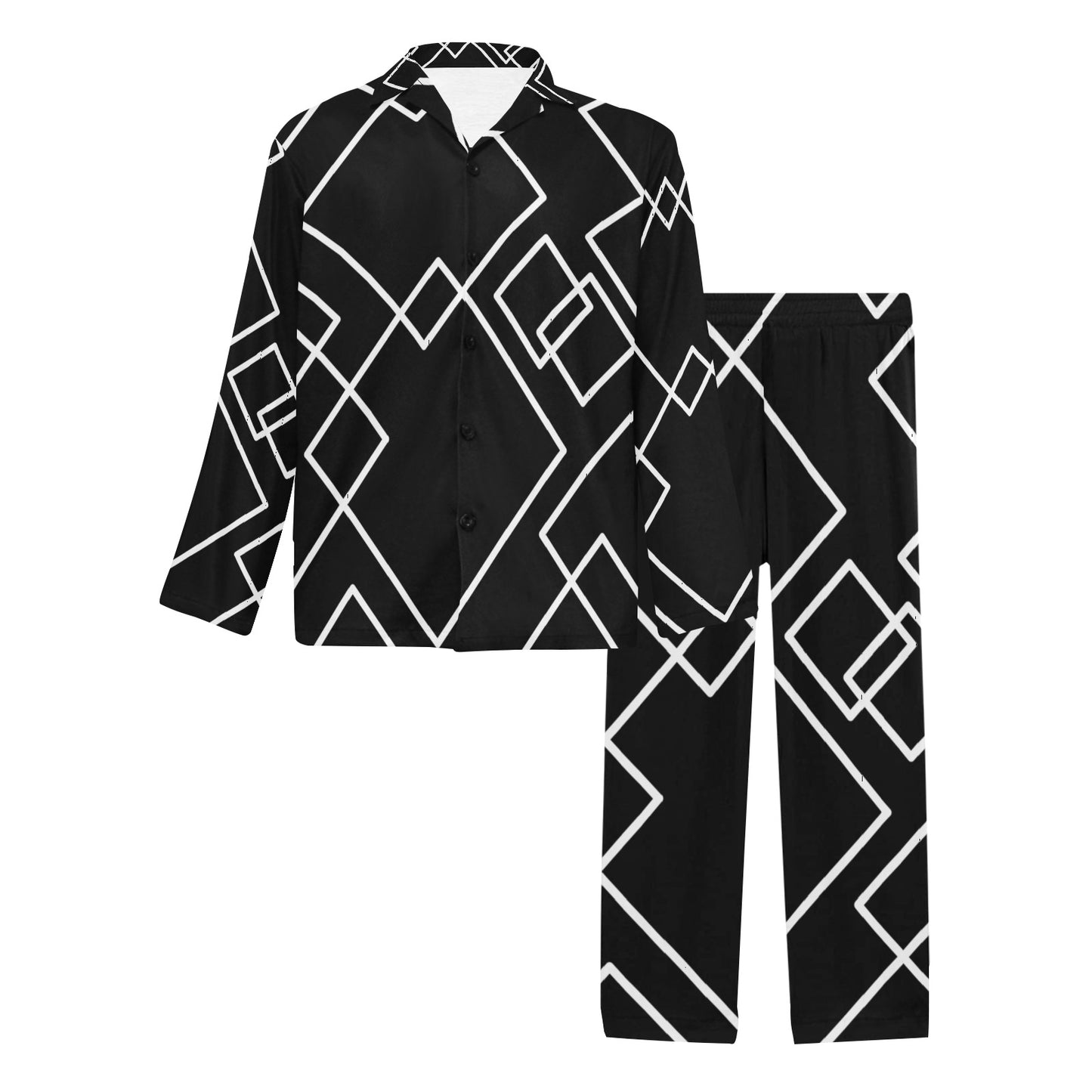 Black Squared Men's V-Neck Long Pajama Set