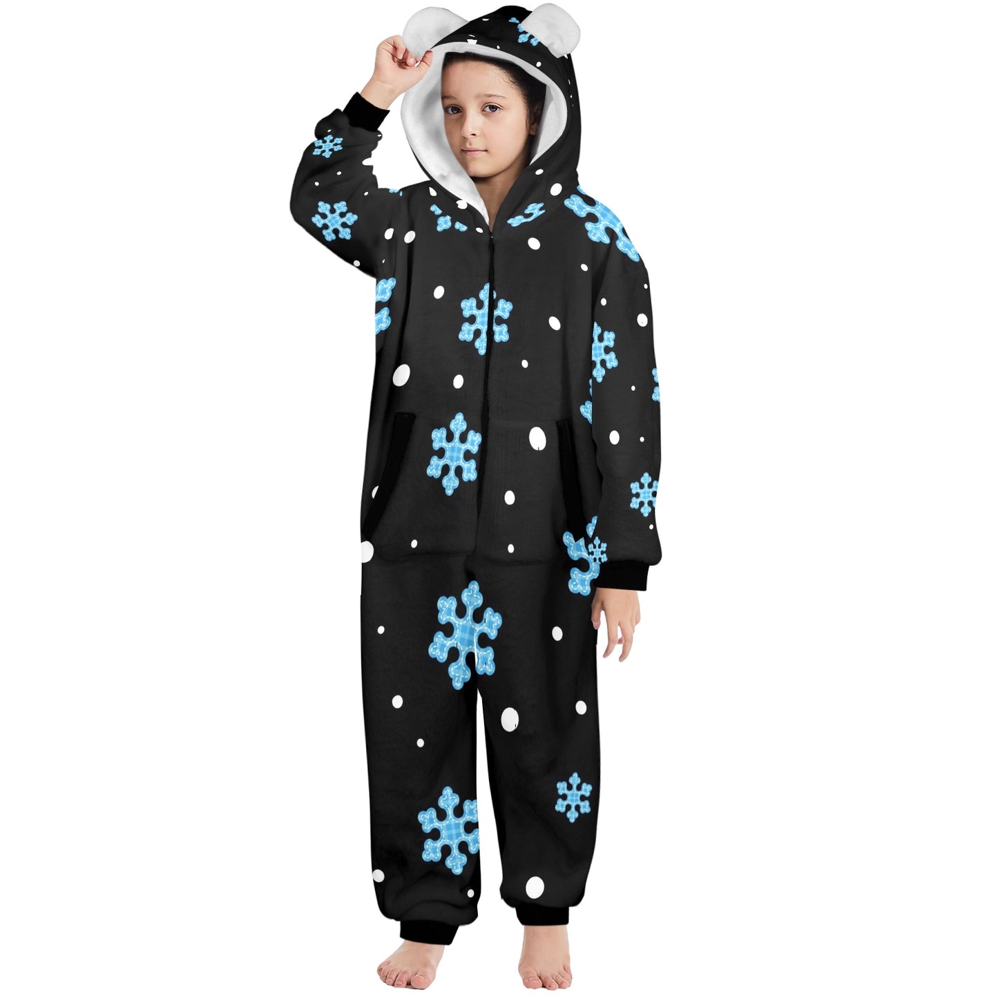 Night Snow Christmas One-Piece Zip Up Hooded Pajamas for Big Kids