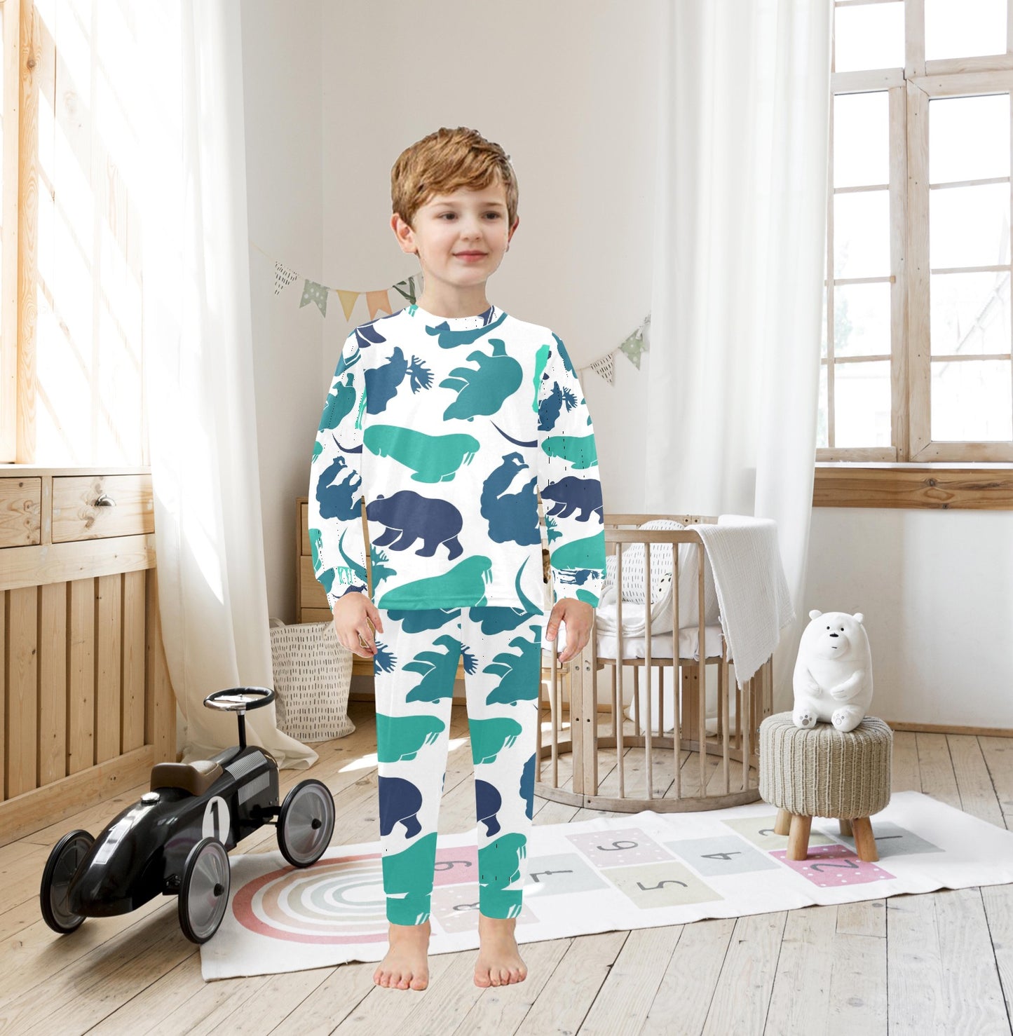 Blue Animals Little Kids' Crew Neck Long Pajama Set