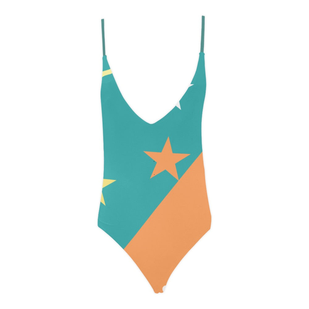 Teal Star Sexy Lace Backless One-Piece Swimsuit