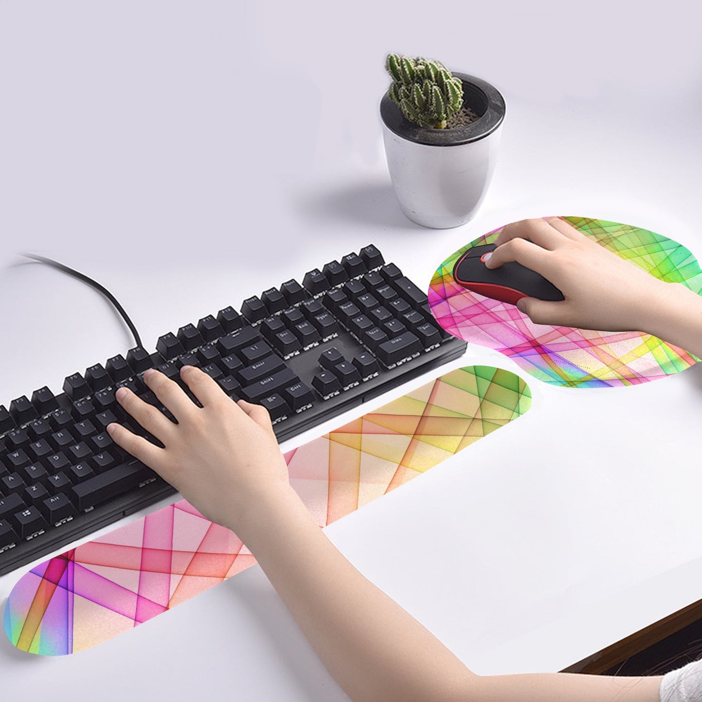 Colorful Geometric Keyboard Mouse Pad Set with Wrist Rest Support