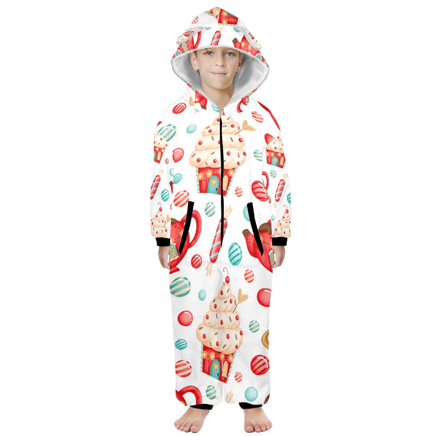 Sweets And Treats Christmas One-Piece Zip Up Hooded Pajamas for Big Kids