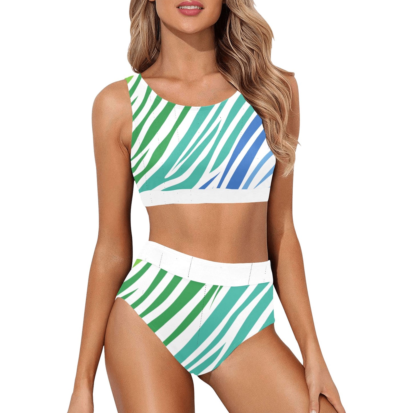 White Teal Zebra Crop Bikini Swimsuit