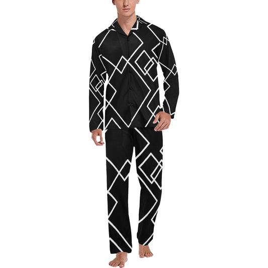 Black Squared Men's V-Neck Long Pajama Set