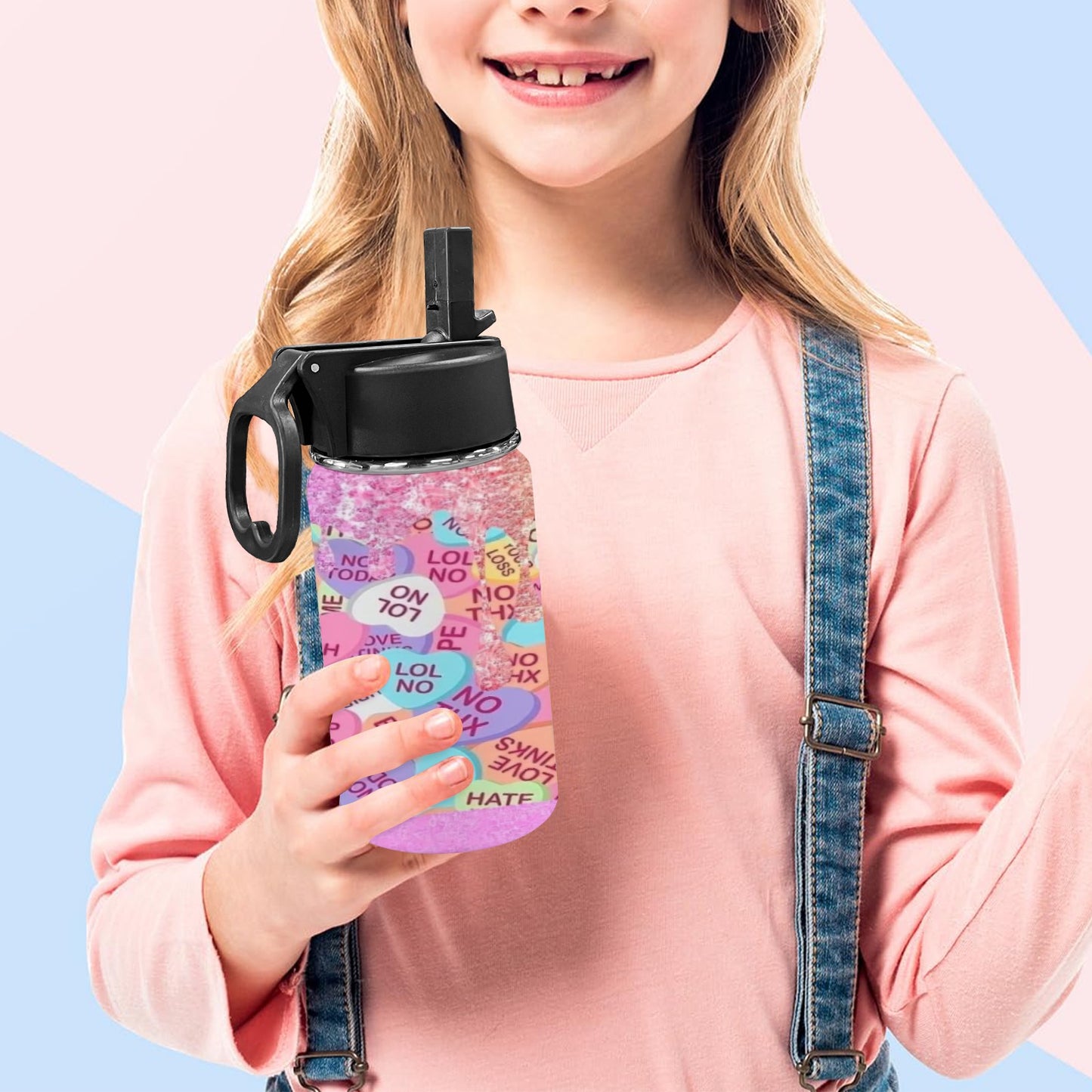 Love Language Pink Kids Water Bottle with Straw Lid (12 oz)