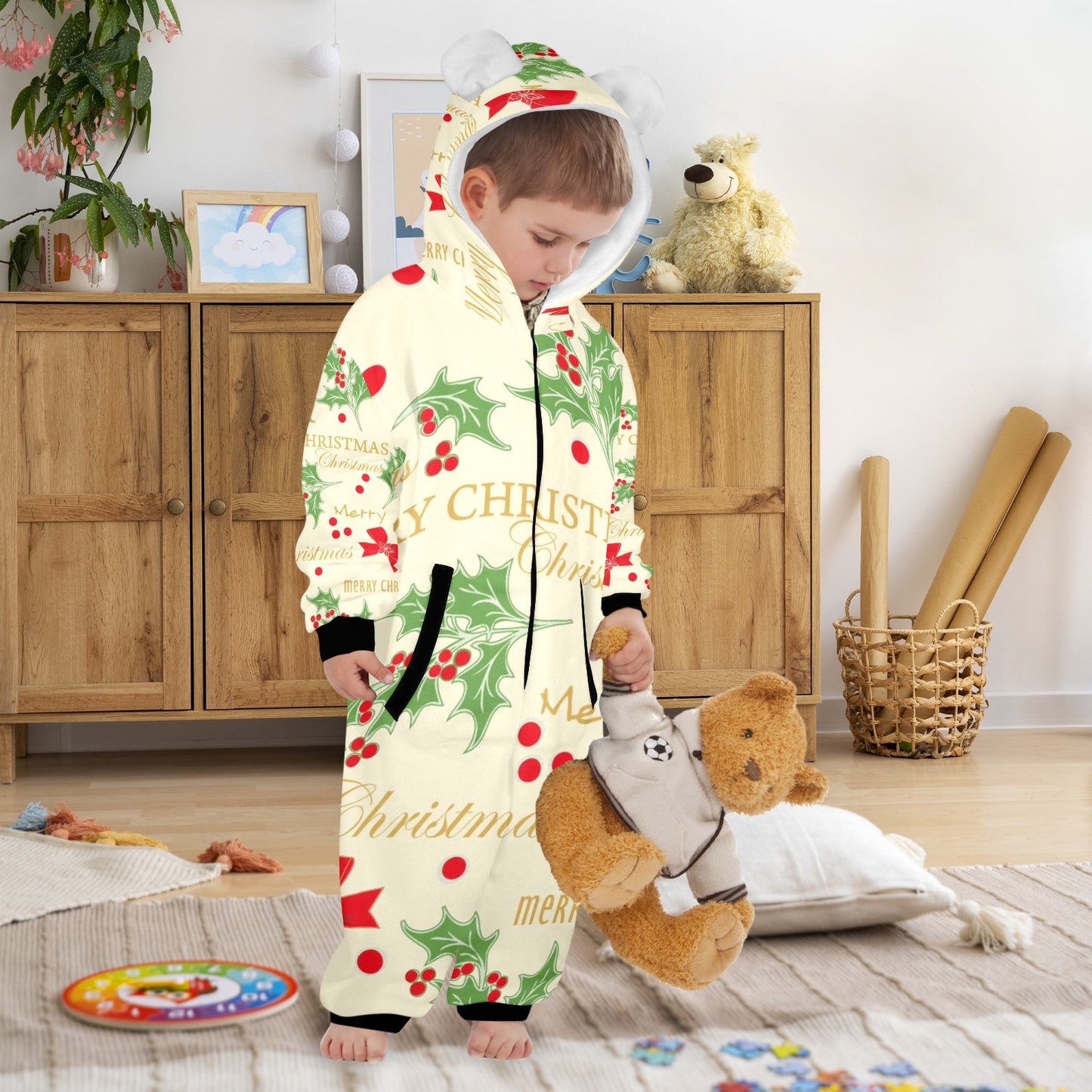 Merry Christmas One-Piece Zip up Hooded Pajamas for Little Kids