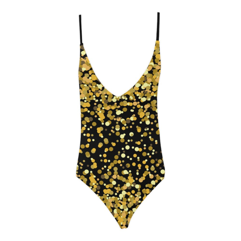 Black and Gold Sexy Lace Backless One-Piece Swimsuit