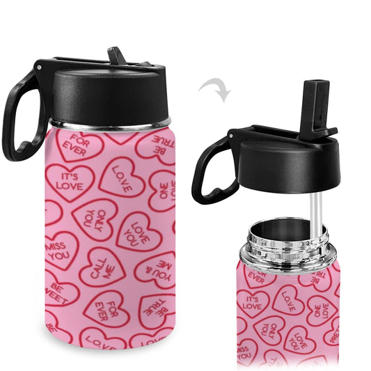 Pink Love Language Kids Water Bottle with Straw Lid (12 oz)