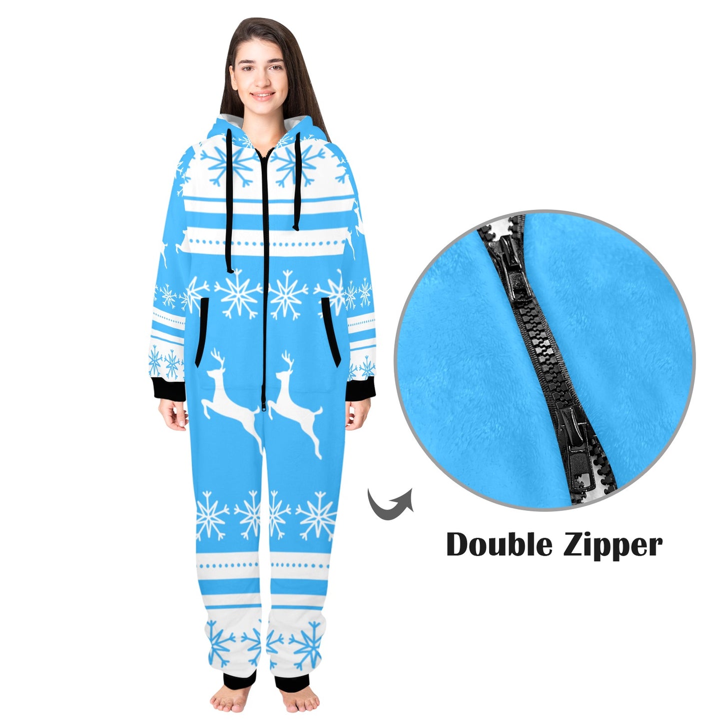 Deers In The Snow Christmas Unisex One-Piece Zip Up Hooded Pajamas