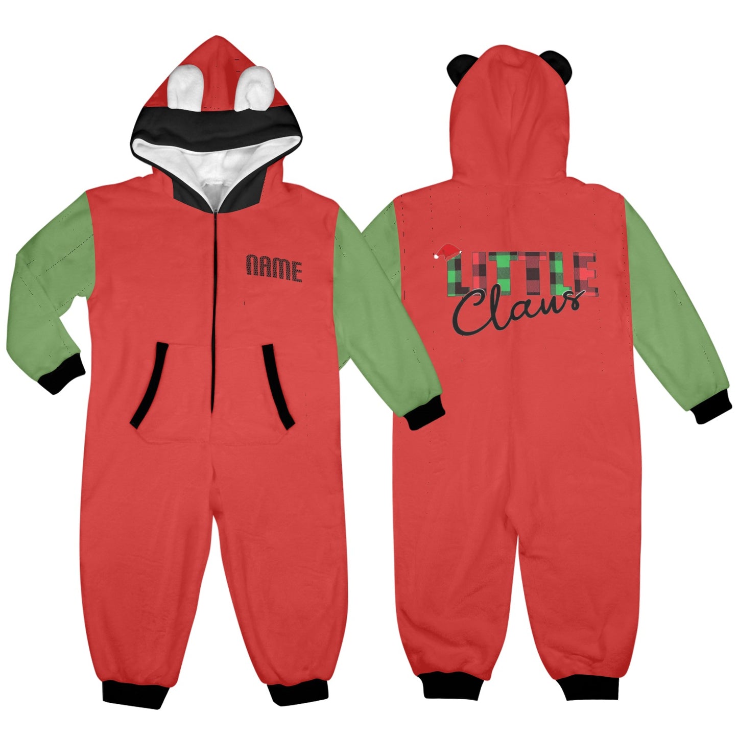 Little Claus- Christmas One-Piece Zip up Hooded Pajamas for Little Kids