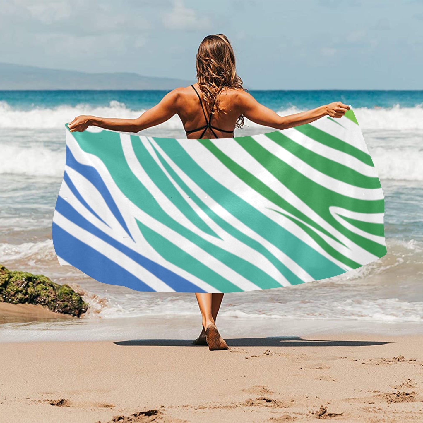 White Teal Zebra Beach Towel 32"x 71"