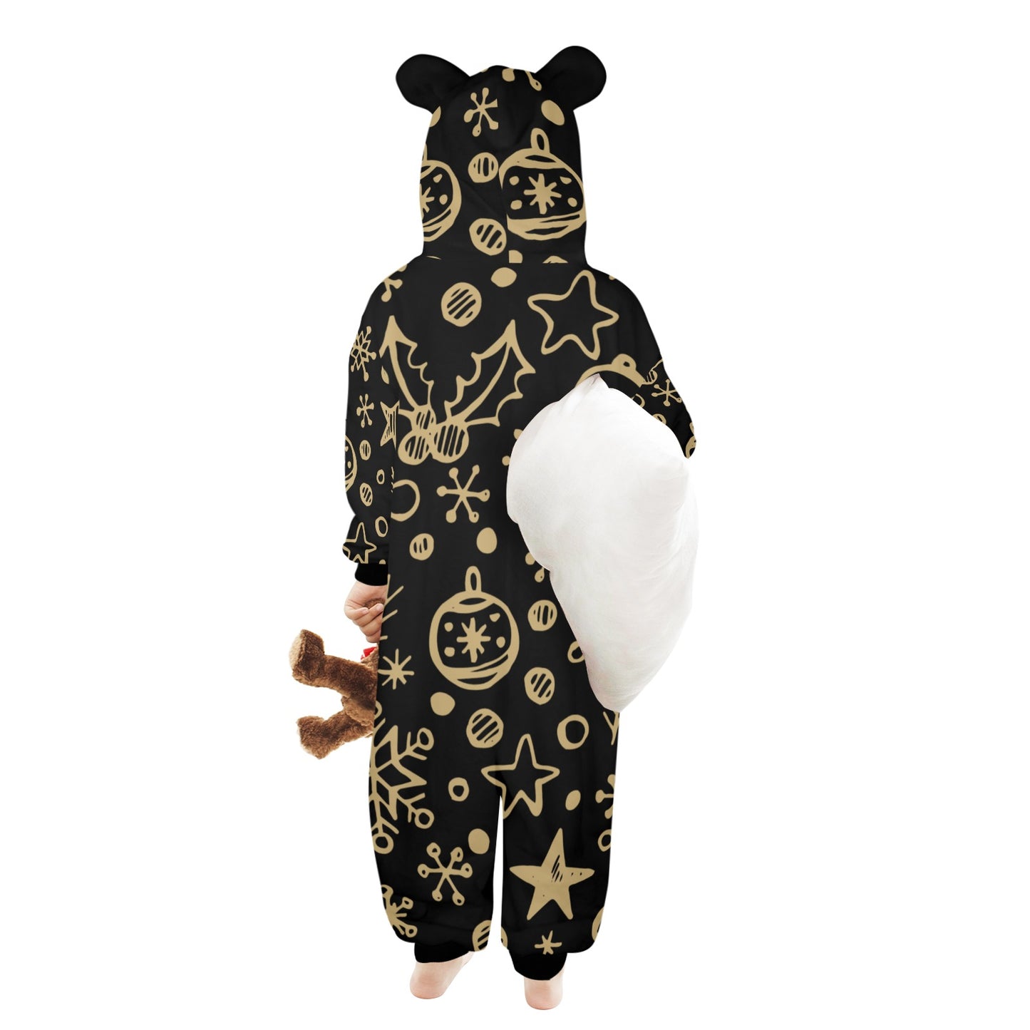 Gold Ornament Christmas One-Piece Zip up Hooded Pajamas for Little Kids