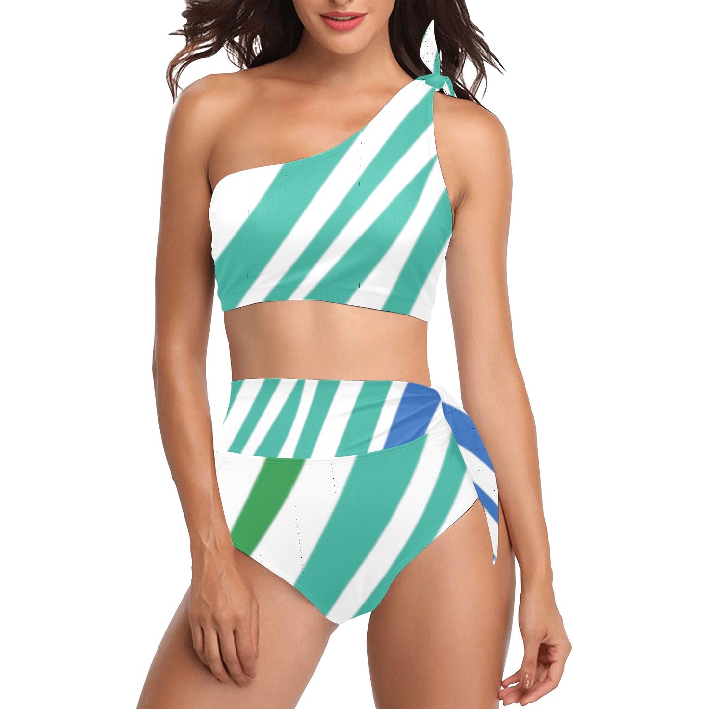 White Teal Zebra One Shoulder Bikini Set