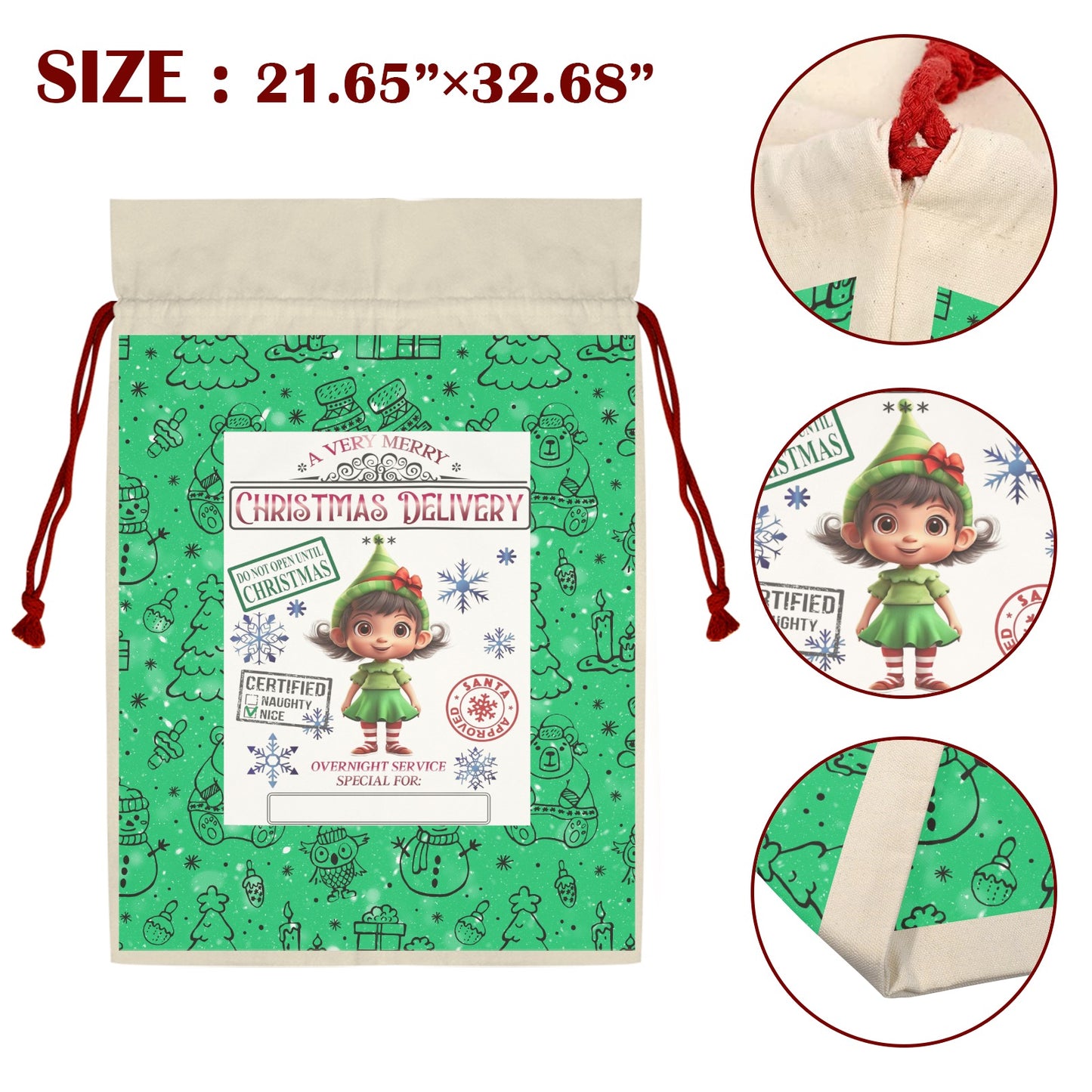 CHRISTMAS- Green Christmas Santa Claus Drawstring Bag 21"x32"