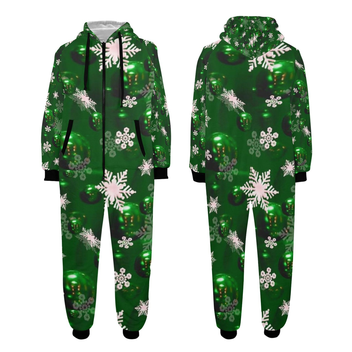 Green Bells- Christmas Unisex One-Piece Zip Up Hooded Pajamas