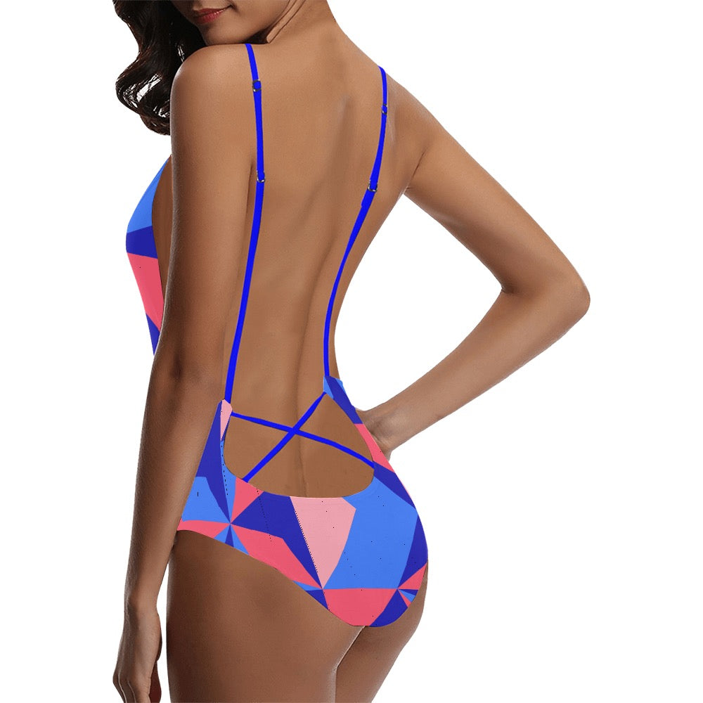 Color Abstract Sexy Lace Backless One-Piece Swimsuit