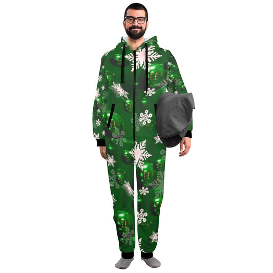 Green Bells- Christmas Unisex One-Piece Zip Up Hooded Pajamas