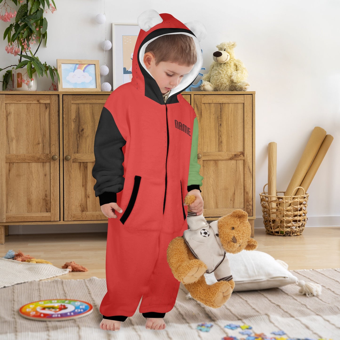 Little Claus- Christmas One-Piece Zip up Hooded Pajamas for Little Kids