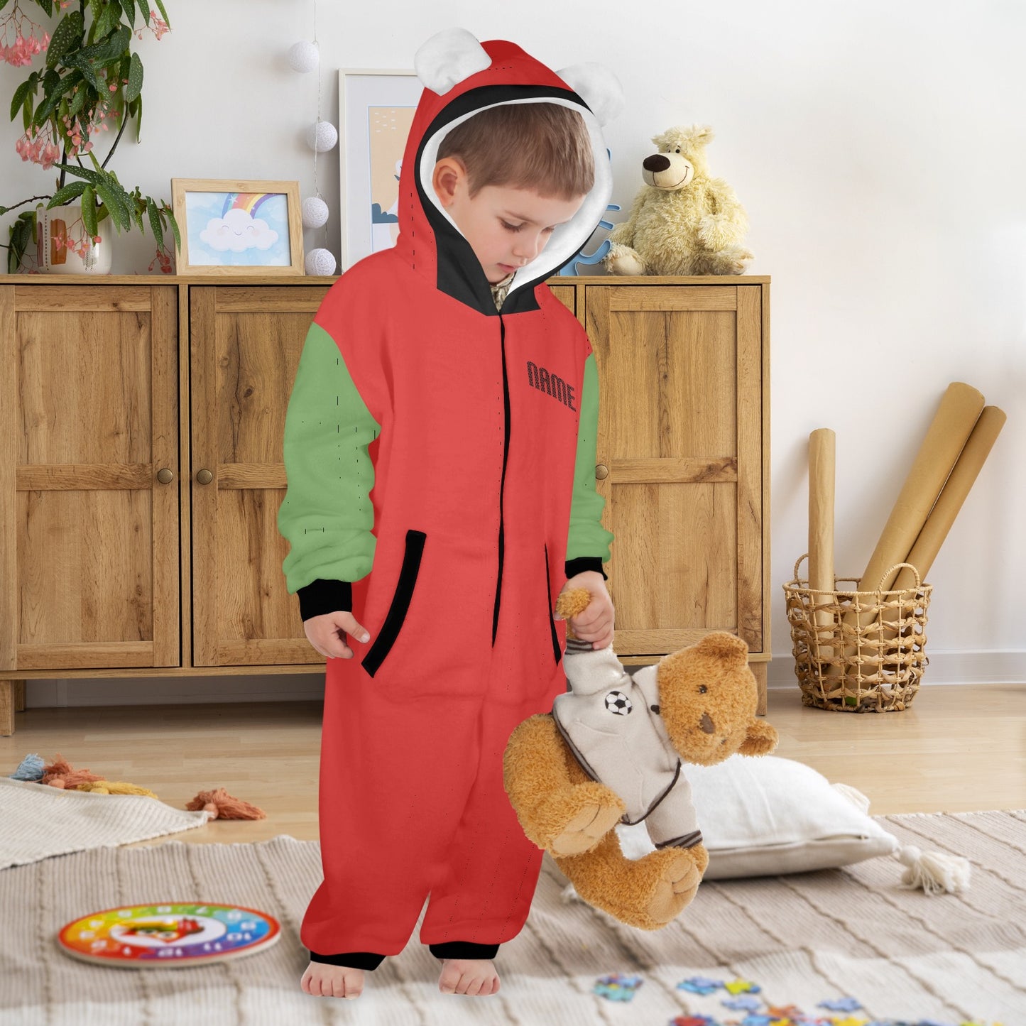 Baby Claus- Christmas One-Piece Zip up Hooded Pajamas for Little Kids