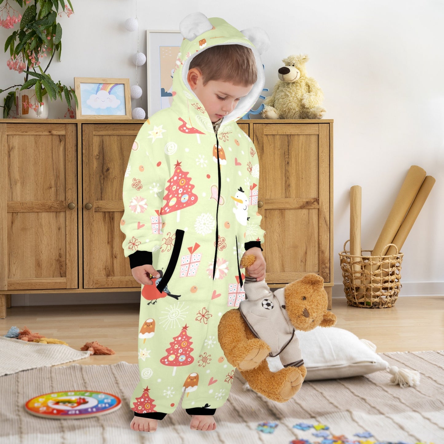 Merry Christmas One-Piece Zip up Hooded Pajamas for Little Kids