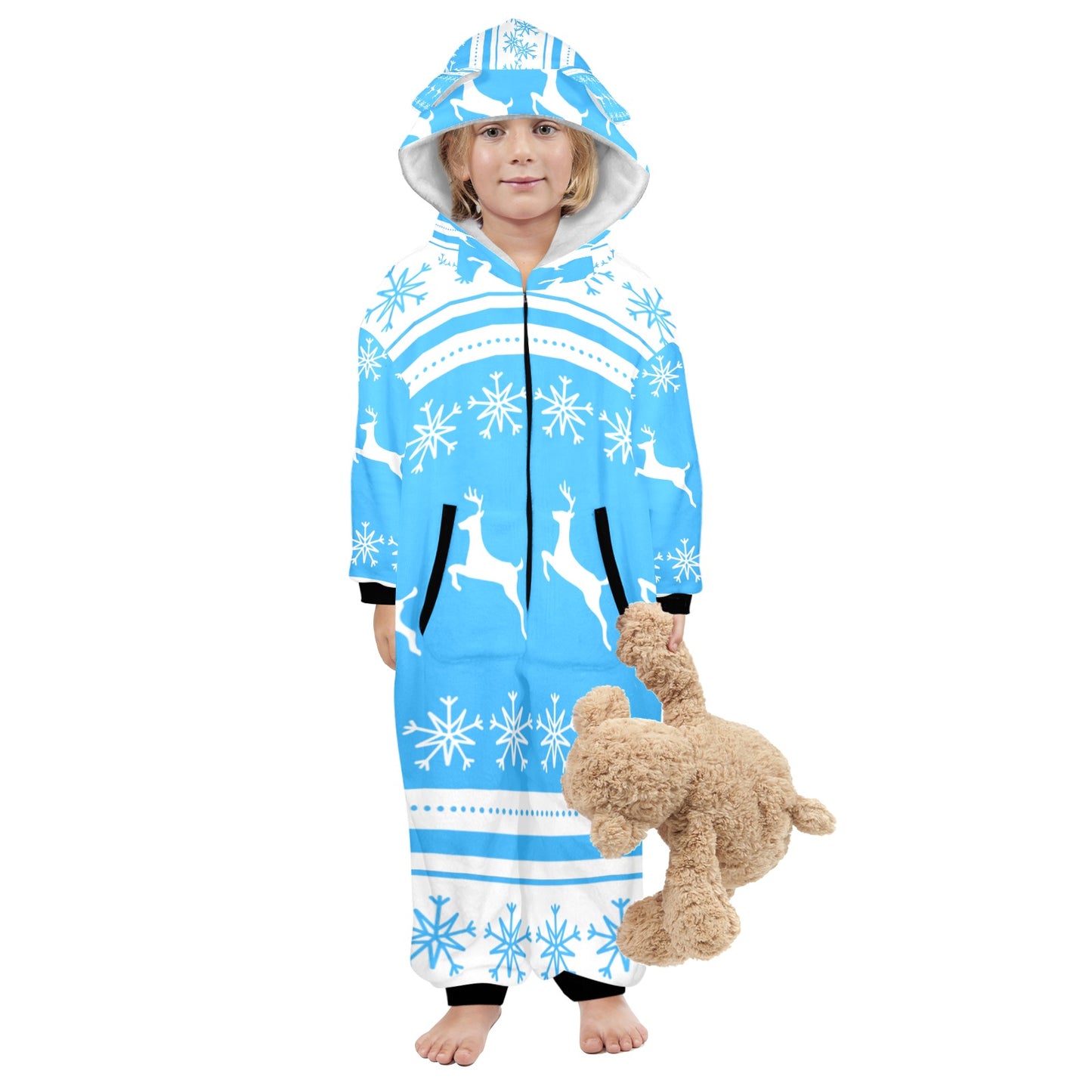 Deers In The Snow Christmas One-Piece Zip up Hooded Pajamas for Little Kids