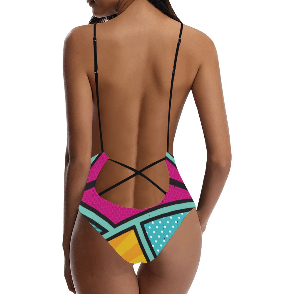 Geo Colorful Sexy Lace Backless One-Piece Swimsuit