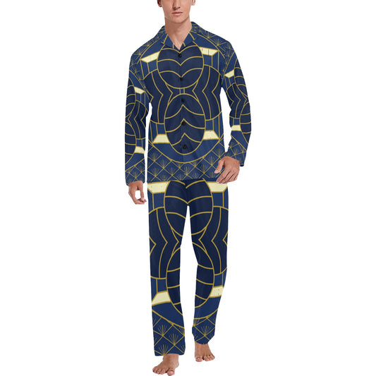 Navy Cut Men's V-Neck Long Pajama Set