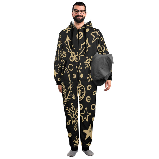 Gold Ornament Christmas Unisex One-Piece Zip Up Hooded Pajamas