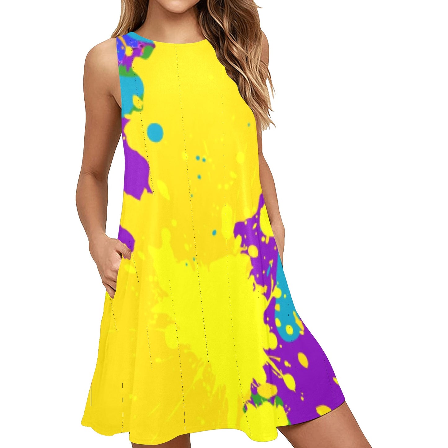 Yellow Splatter Sleeveless A-Line Pocket Dress