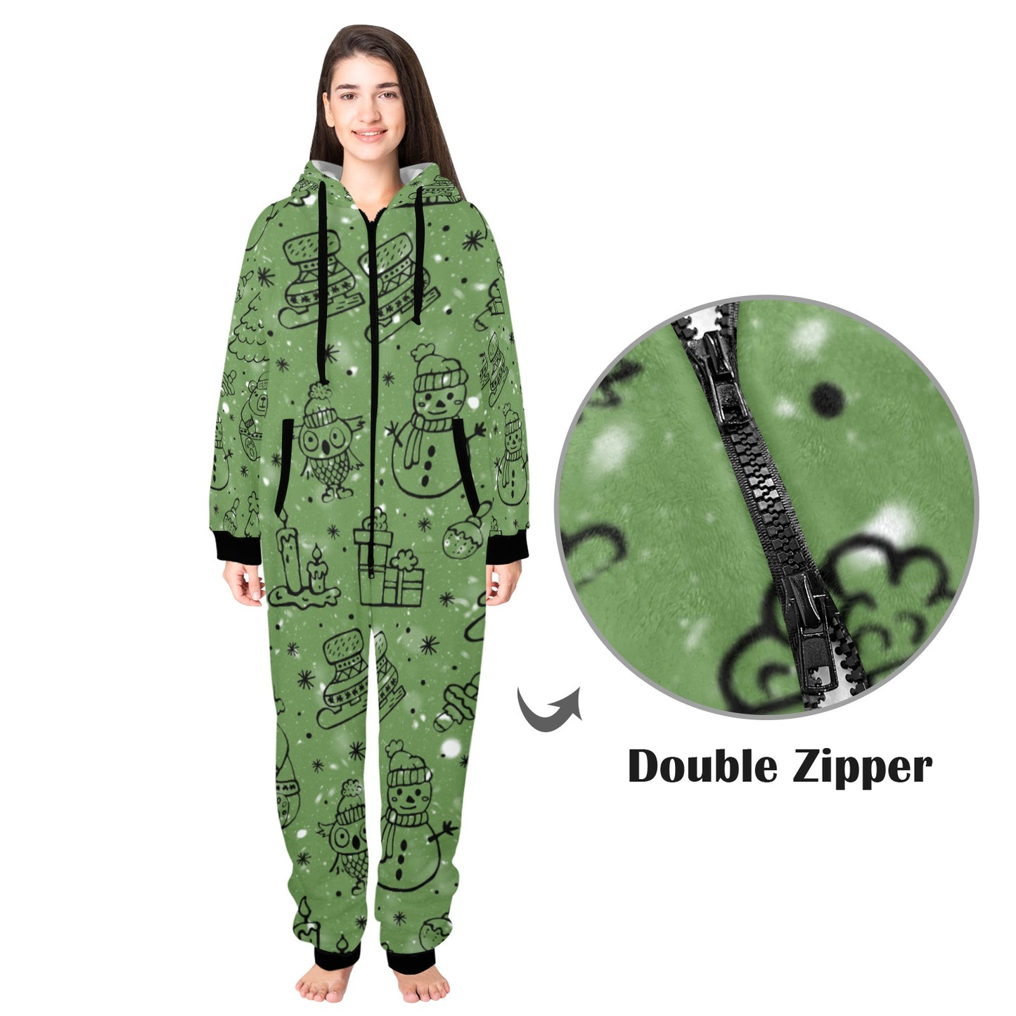 Green Christmas Unisex One-Piece Zip Up Hooded Pajamas