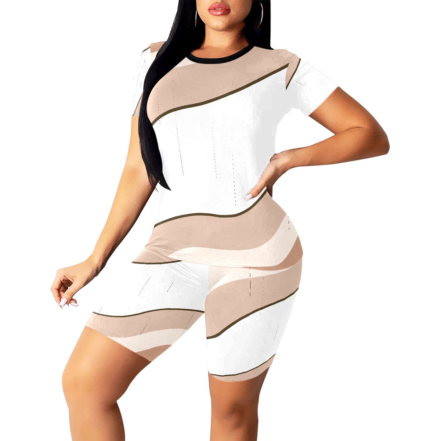 Beige White Women's Short Set