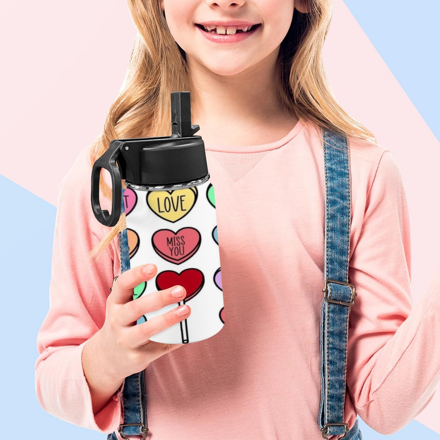 Love Language Valentines Kids Water Bottle with Straw Lid (12 oz)