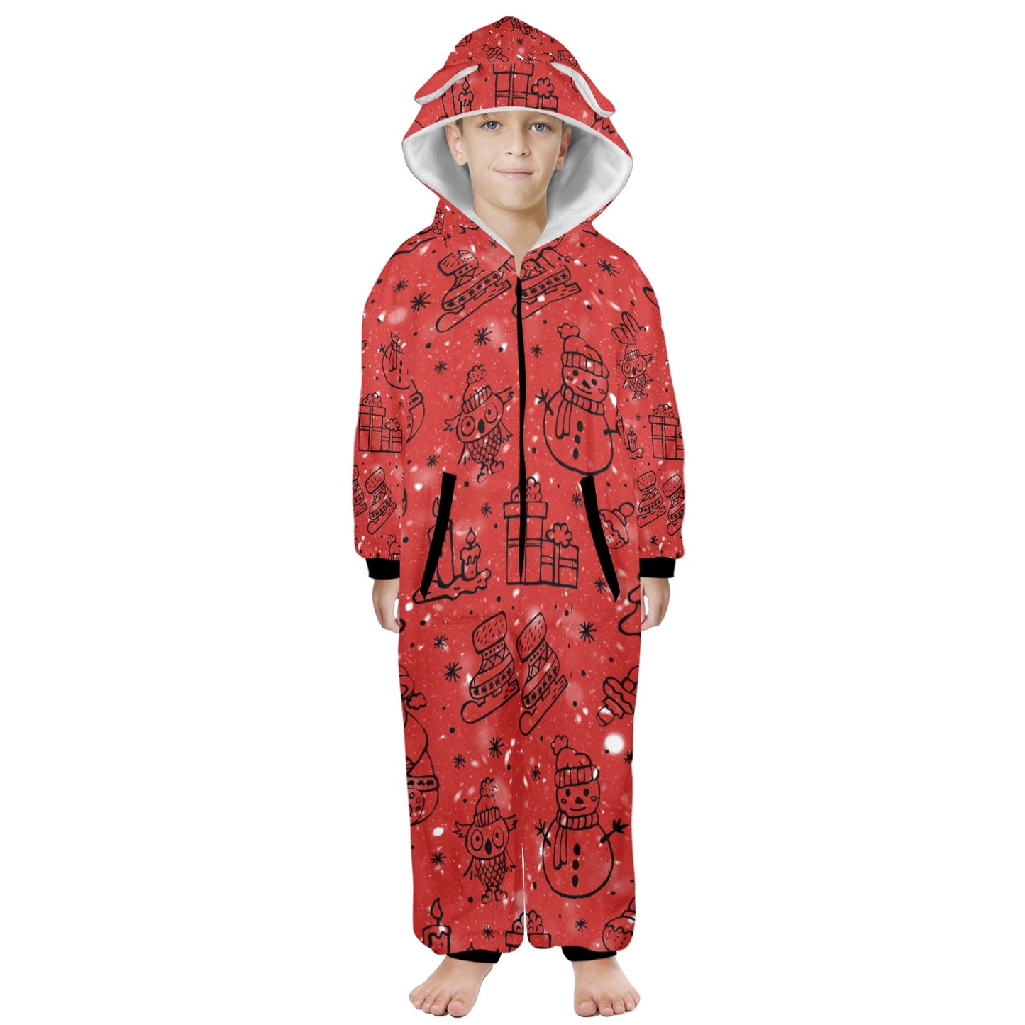 Red Christmas One-Piece Zip Up Hooded Pajamas for Big Kids