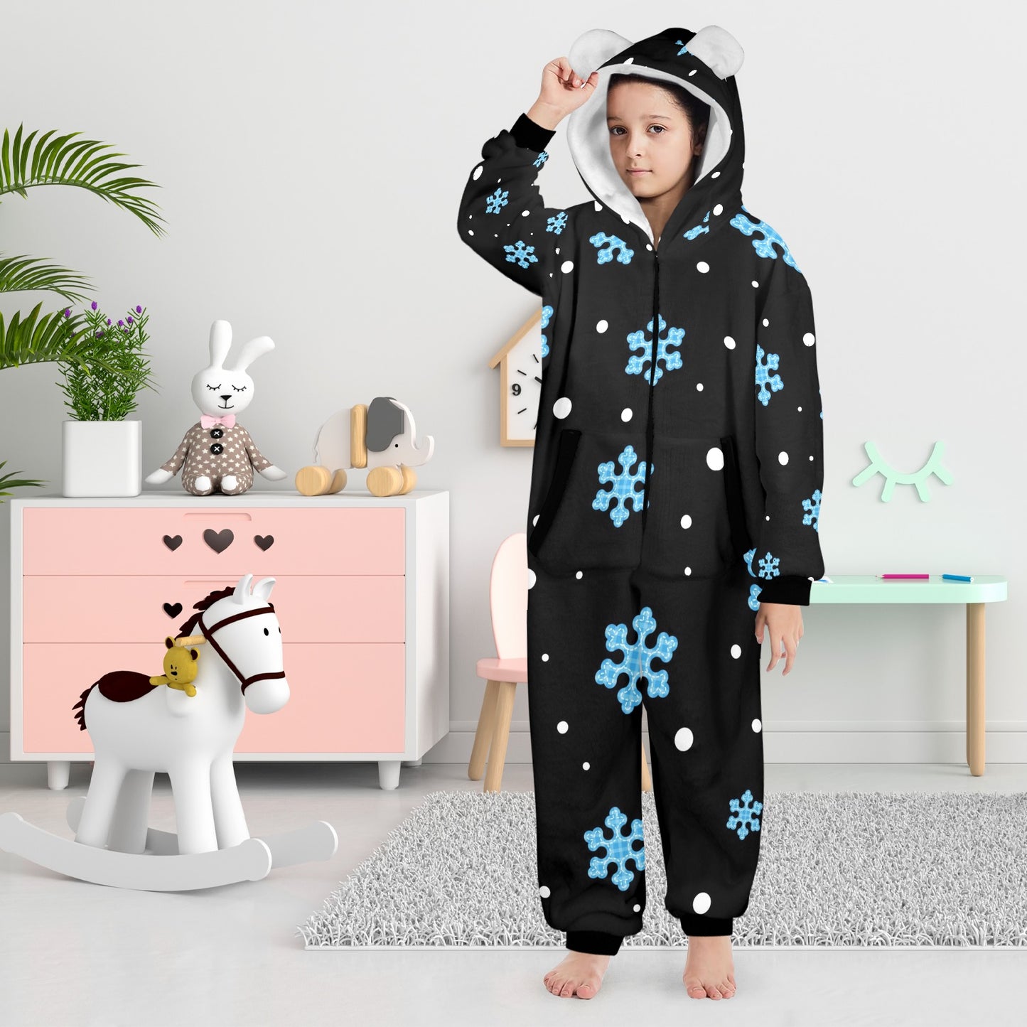 Night Snow Christmas One-Piece Zip Up Hooded Pajamas for Big Kids