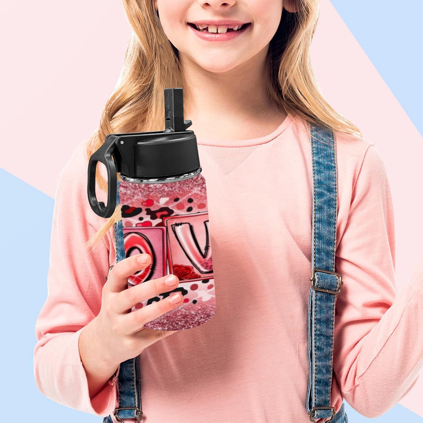 Love Valentine Kids Water Bottle with Straw Lid (12 oz)