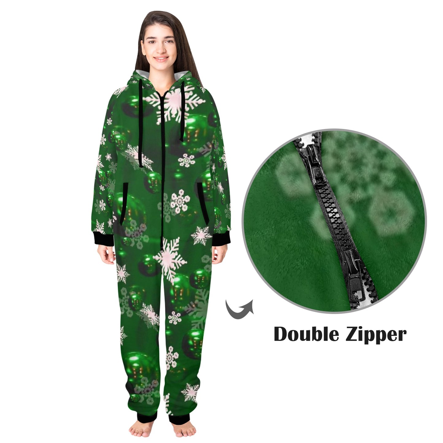 Green Bells- Christmas Unisex One-Piece Zip Up Hooded Pajamas