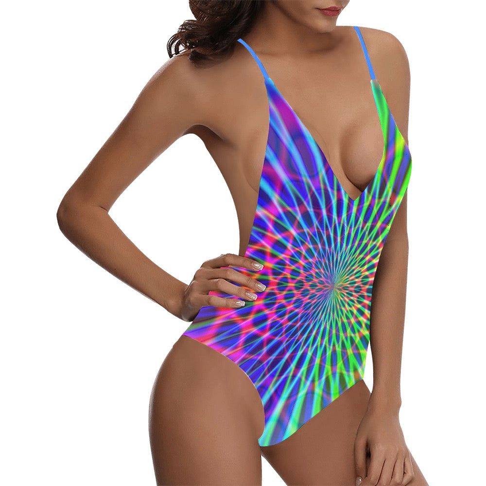 Abstract Rainbow Sexy Lace Backless One-Piece Swimsuit