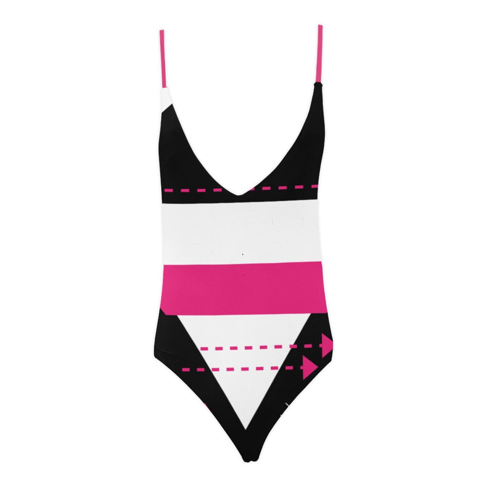 Pink and Black Sexy Lace Backless One-Piece Swimsuit