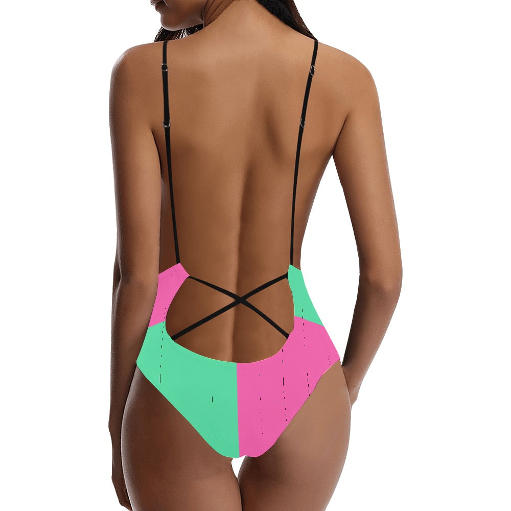 Pink Teal Sexy Lace Backless One-Piece Swimsuit