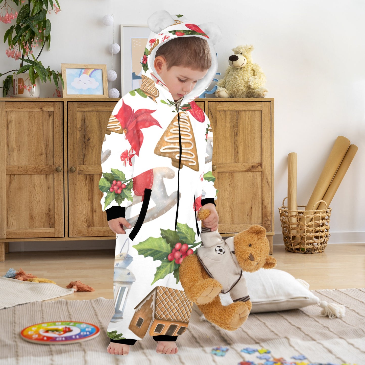 Christmas Festive One-Piece Zip up Hooded Pajamas for Little Kids