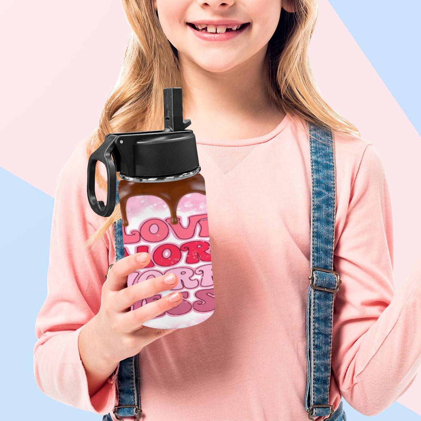 Love More Worry Less Valentines Kids Water Bottle with Straw Lid (12 oz)