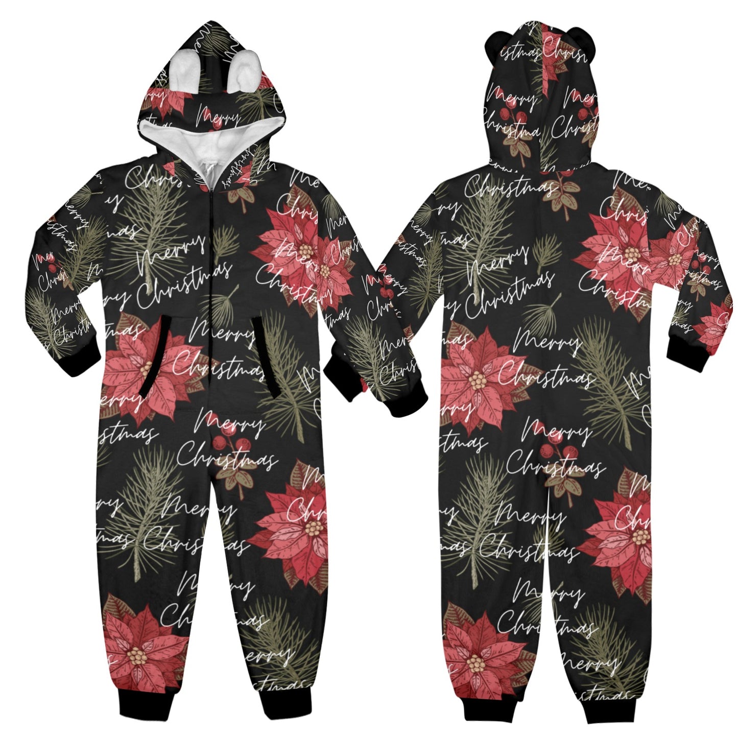 Merry Christmas One-Piece Zip Up Hooded Pajamas for Big Kids