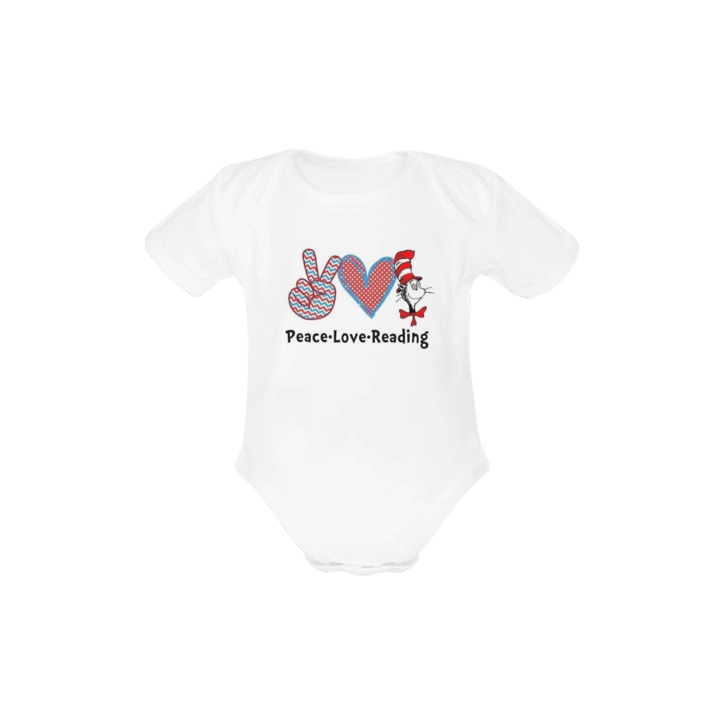 Peace, love + reading Baby Onesie