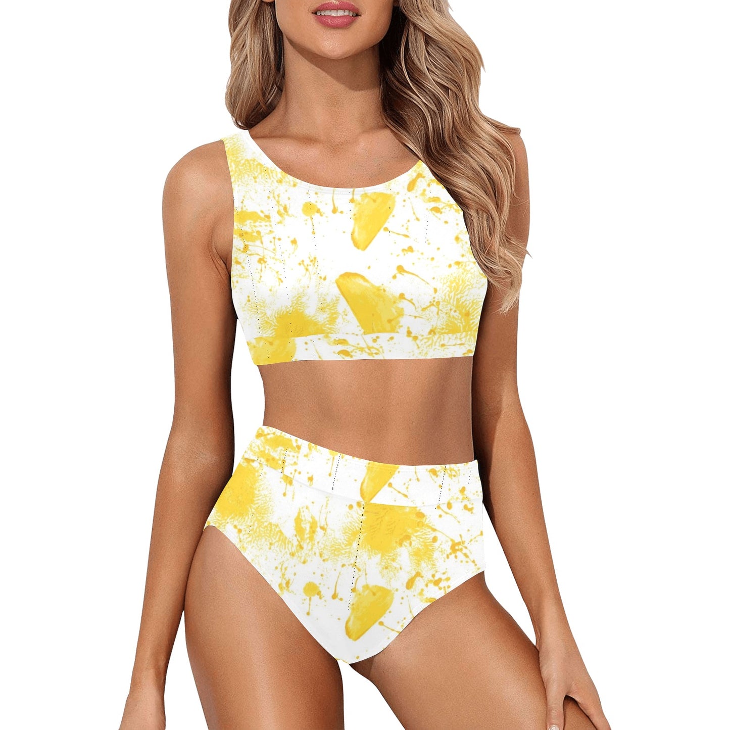 Yellow Splash Crop Top Bikini Set