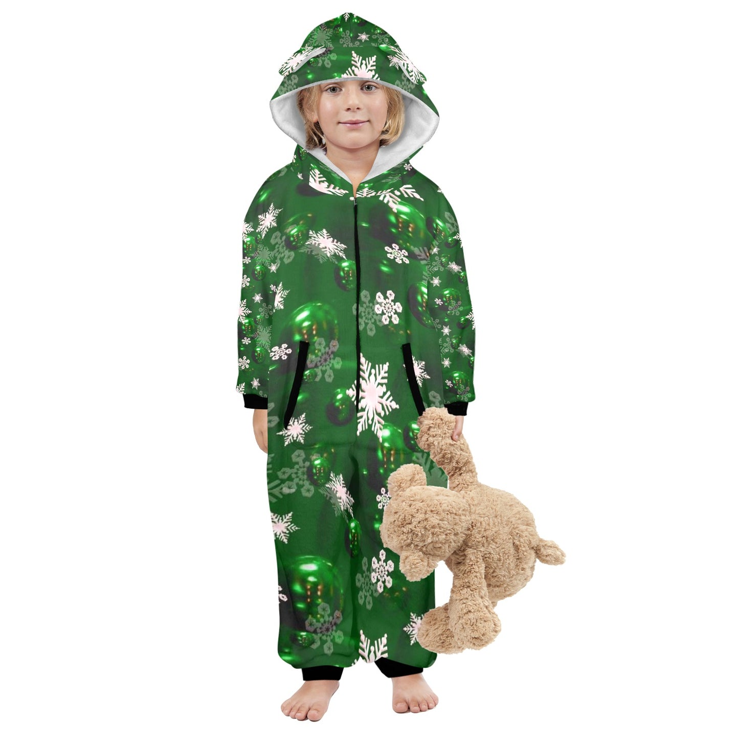 Green Bells- Christmas One-Piece Zip up Hooded Pajamas for Little Kids